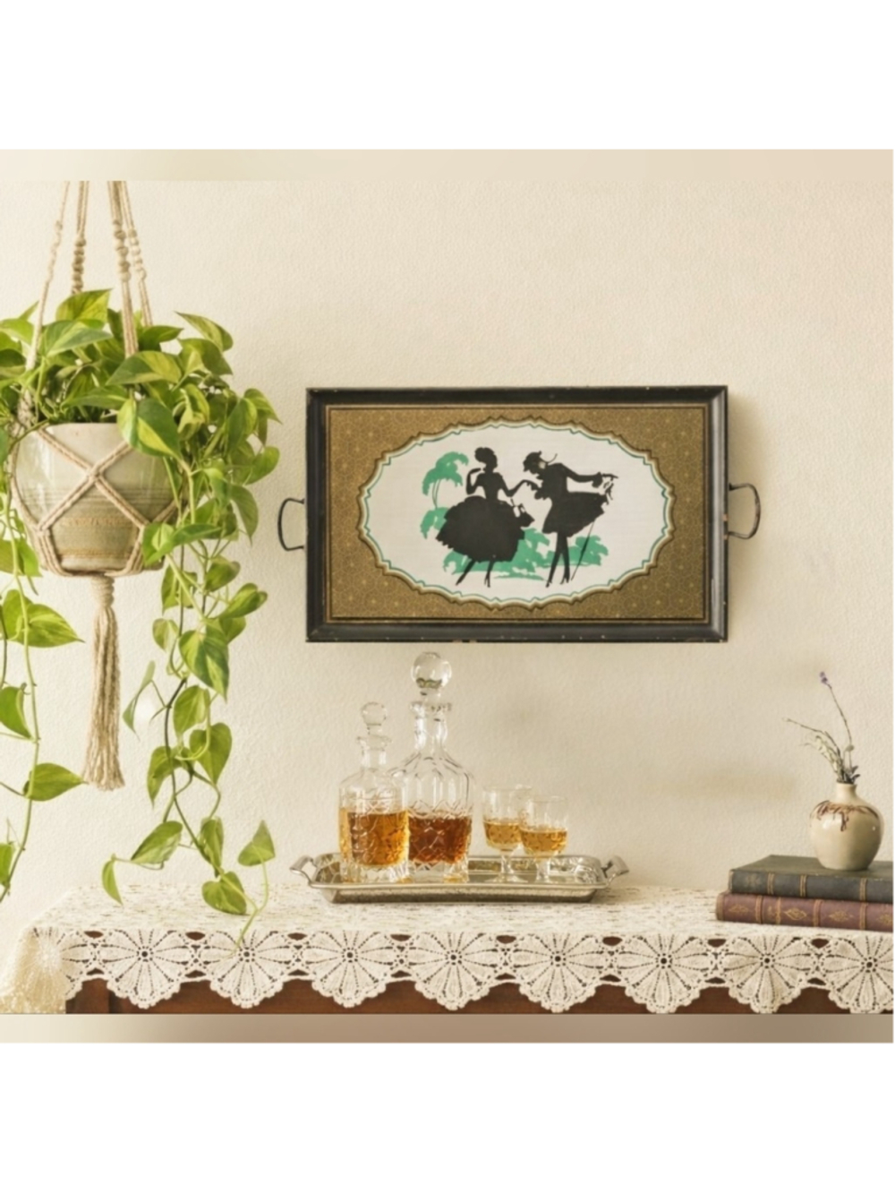 Vintage Silhouette Serving Tray • Hollywood Regency Reverse Painted Glass